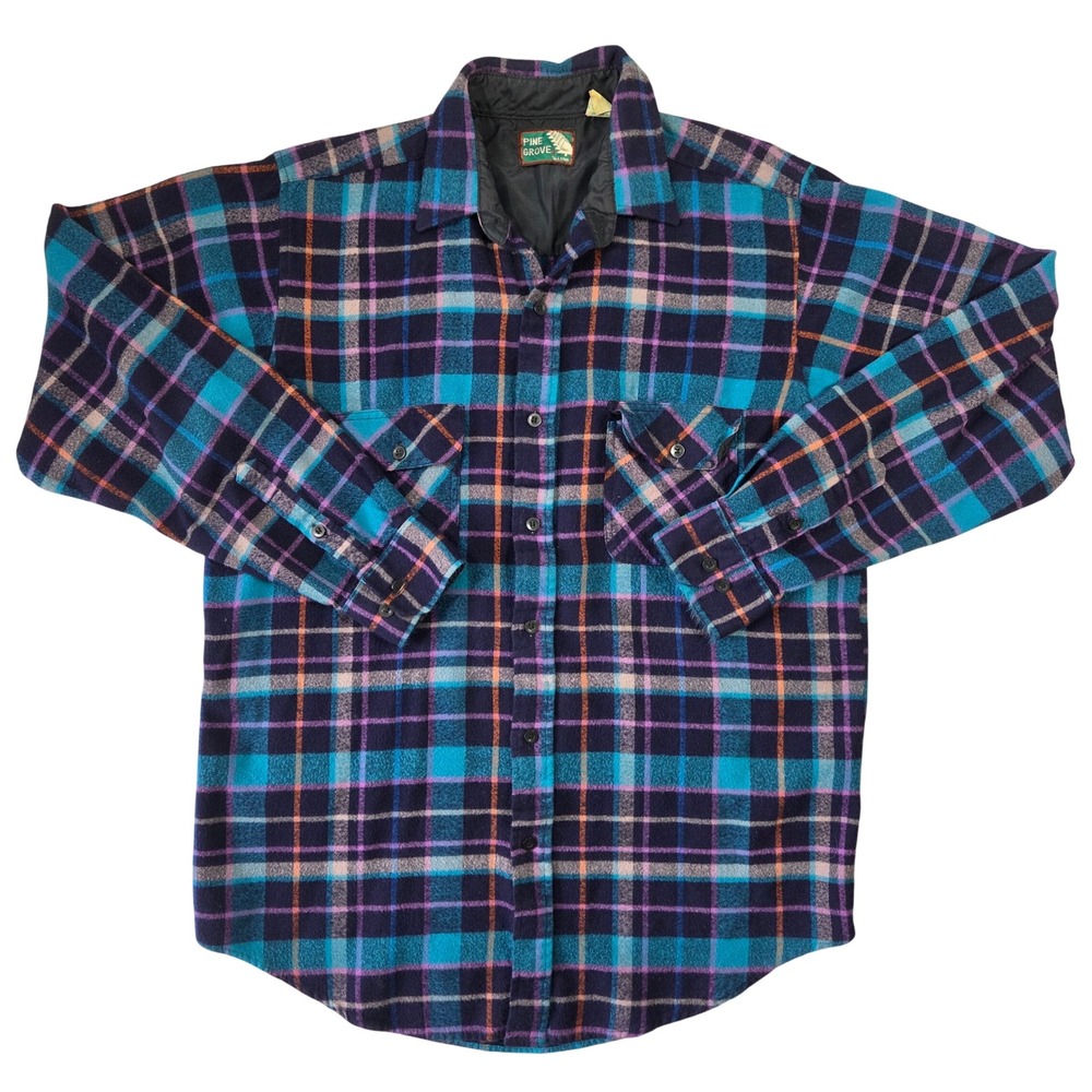 Pine Grove Tall Man Mens Vintage Teal Purple‎ Plaid Heavy Flannel Shirt M Retro